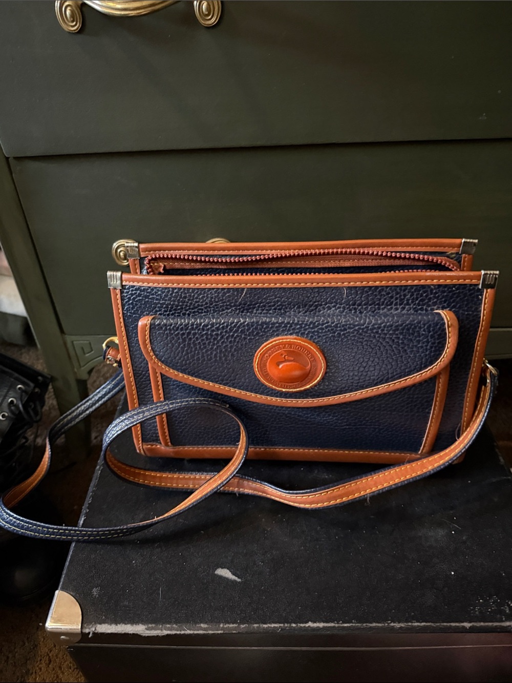 Dooney & Bourke Navy and Tan Pebbled Leather Purse